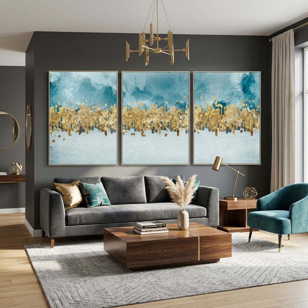 Modular blue-gray abstract with gold elements Multi Panel Canvas Wall Art Print