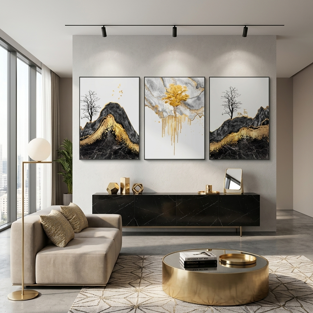 Modular abstract with a strong golden colorMulti Panel Canvas Wall Art Print