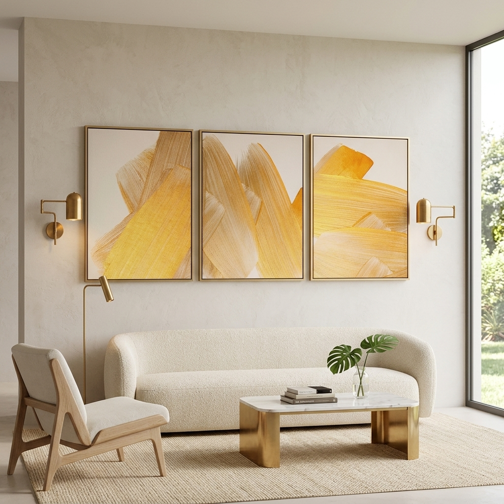Modular gold strokes on a beige background Multi Panel Canvas Wall Art Print