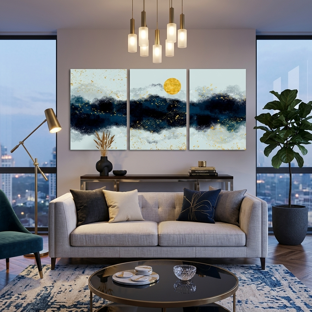 Modular three-piece gray-blue abstract Multi Panel Canvas Wall Art Print