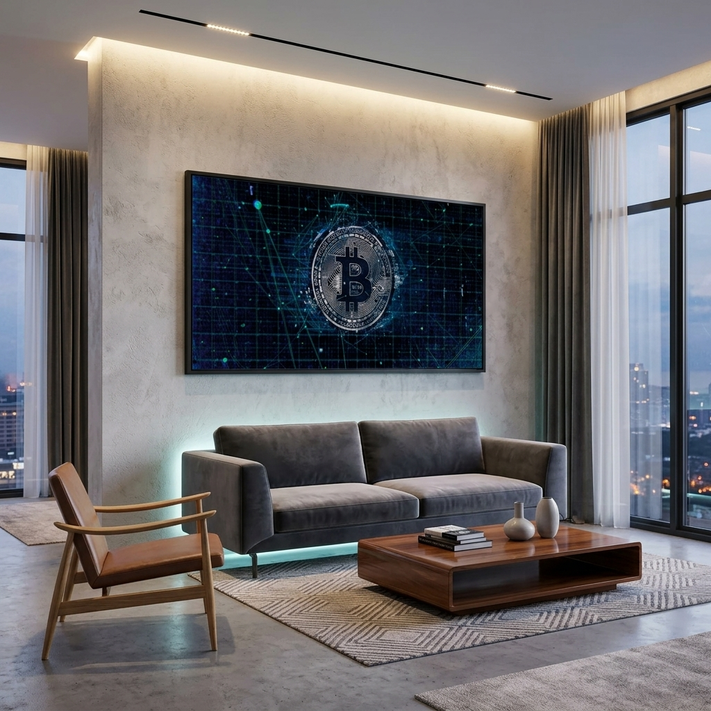Bitcoin in silver color on dark blue background Inspirational Canvas Wall Art Print