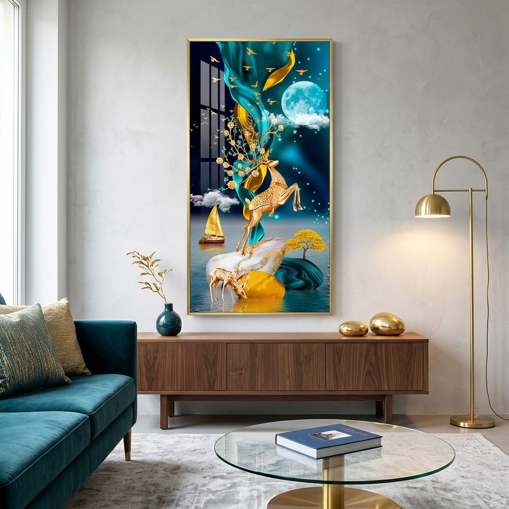Two deer a golden boat at sea and a blue moon Abstraction Canvas Wall Art Print