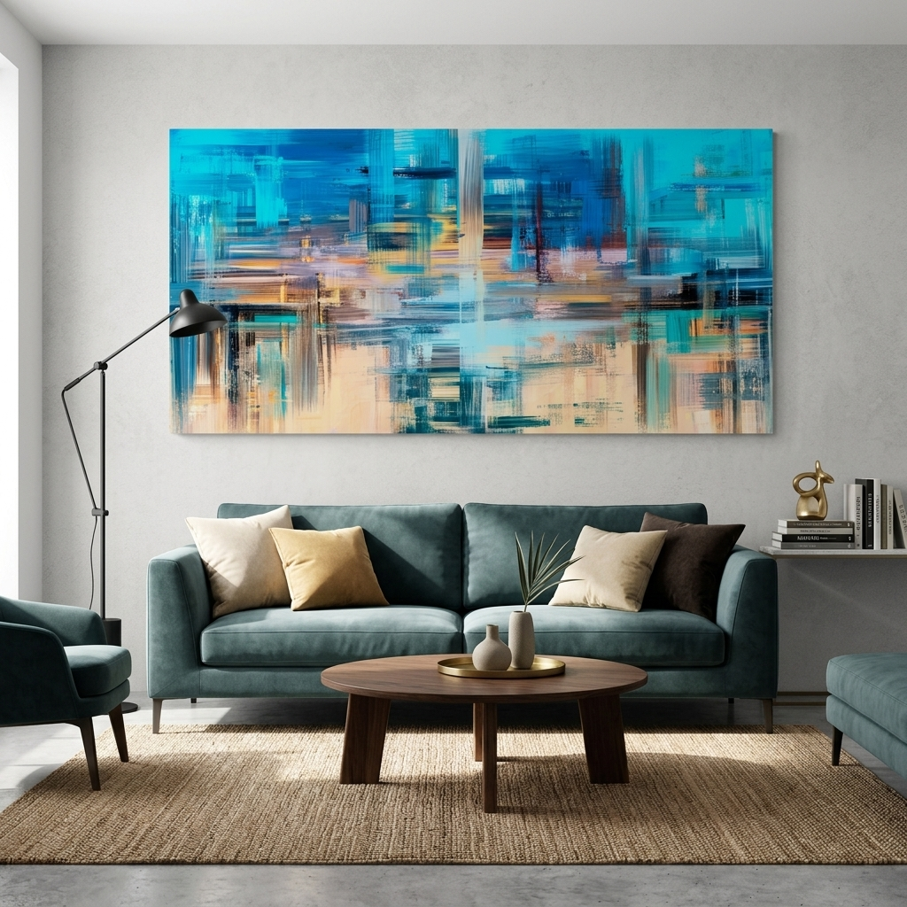 Light blue abstract with beige strokes Abstraction Canvas Wall Art Print