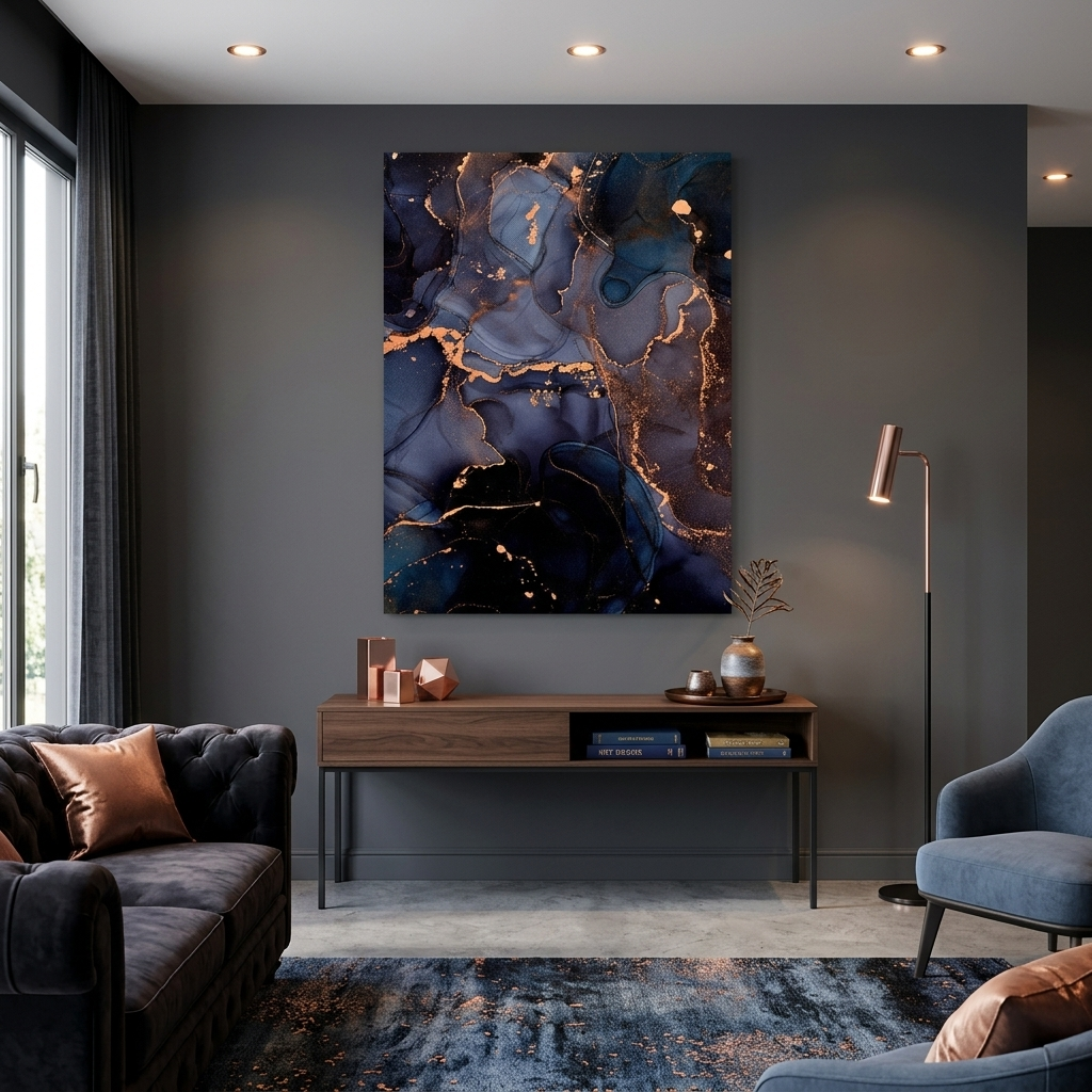 Dark blue abstract with gold elements Abstraction Canvas Wall Art Print