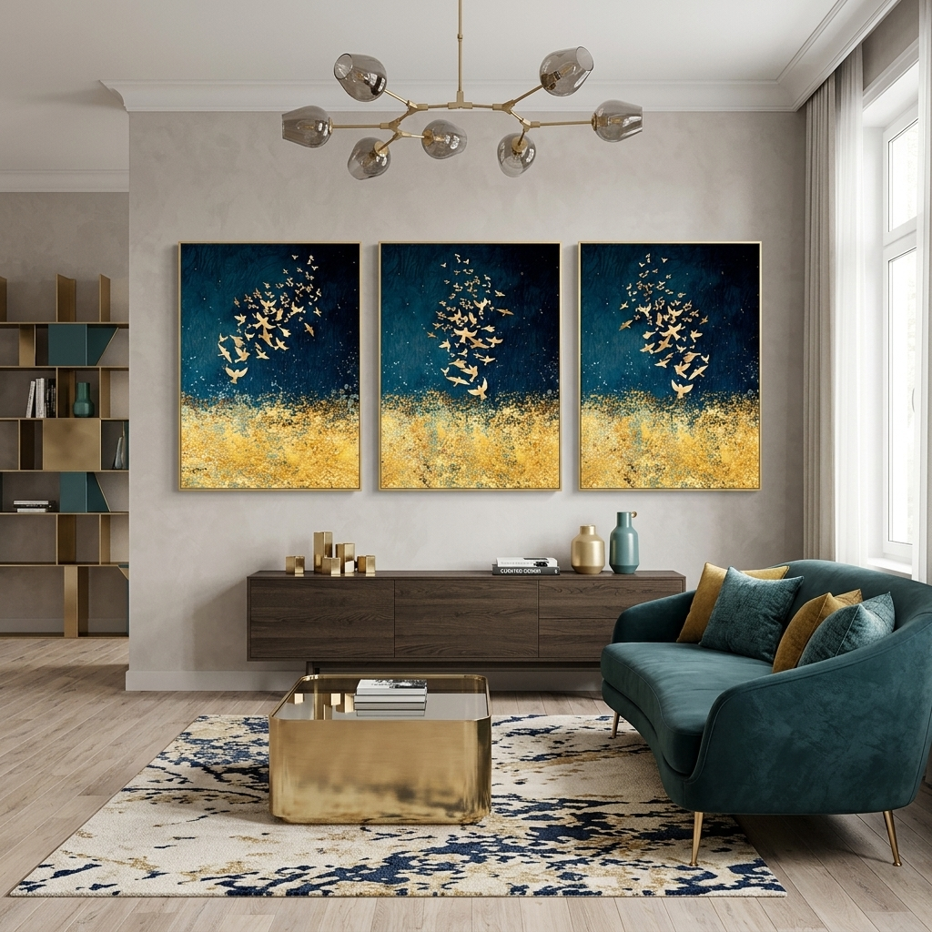Modular abstraction in shades of gold and blue Multi Panel Canvas Wall Art Print