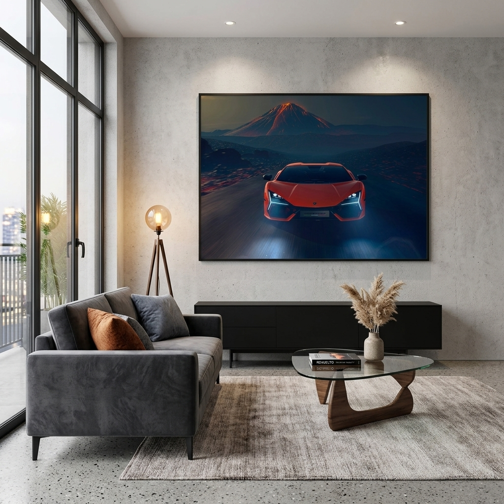 Car orange Lamborghini with a volcano in the background Canvas Wall Art Print