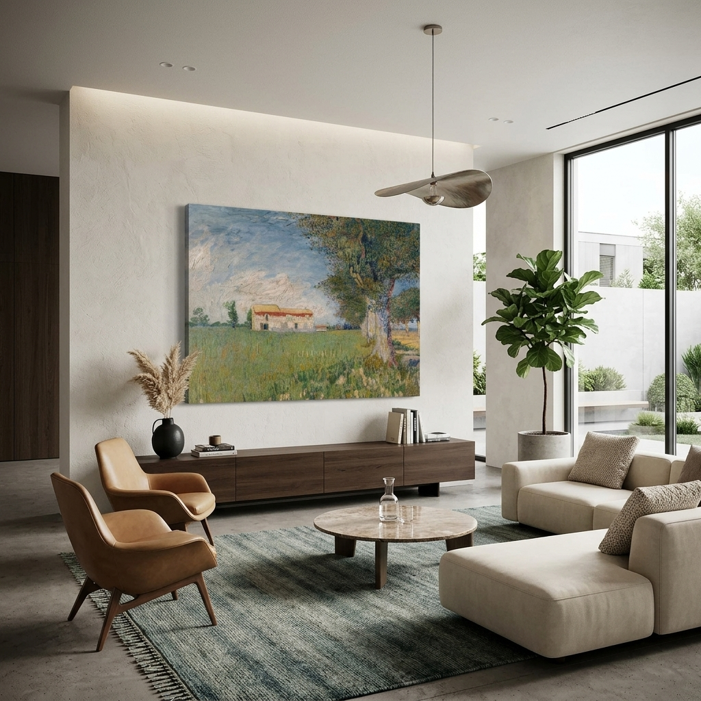A farm in a wheat field Reproduction Canvas Wall Art Print