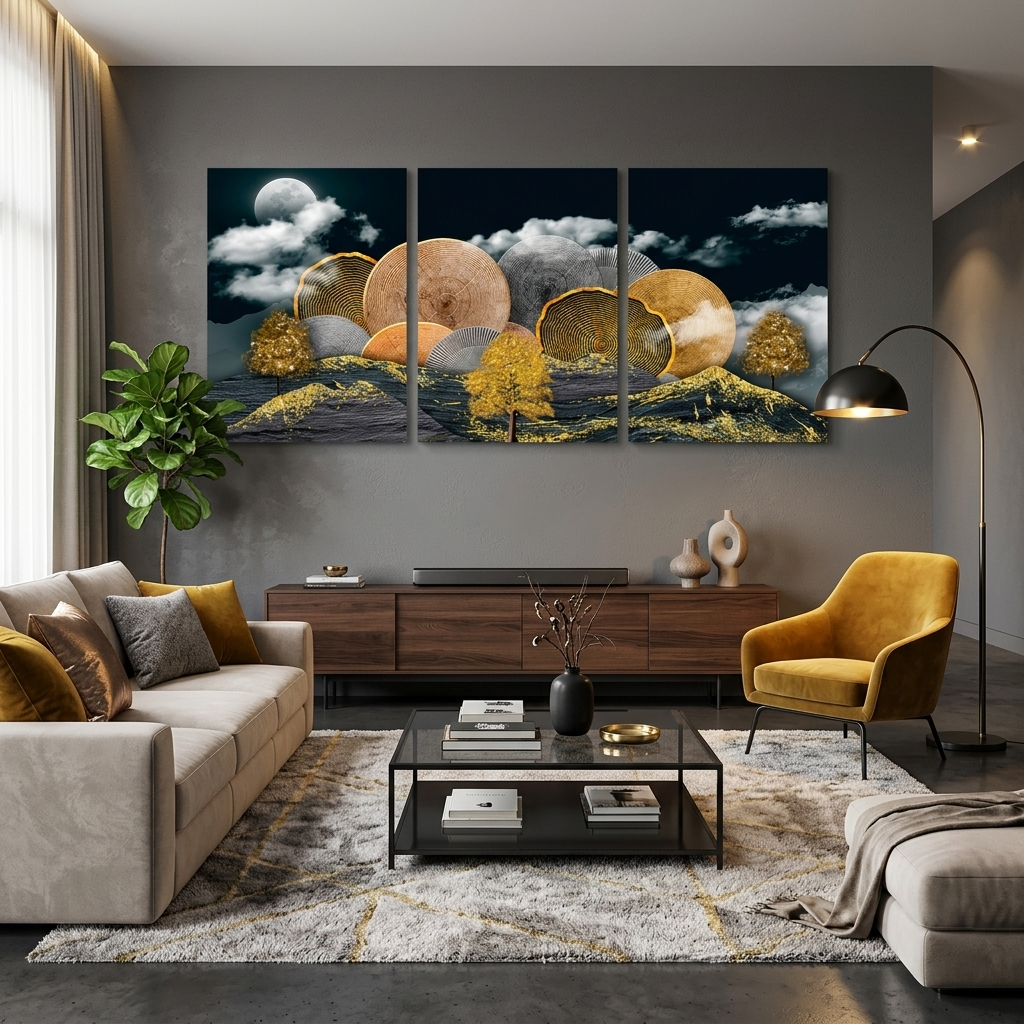 Modular abstract tree in gold Multi Panel Canvas Wall Art Print