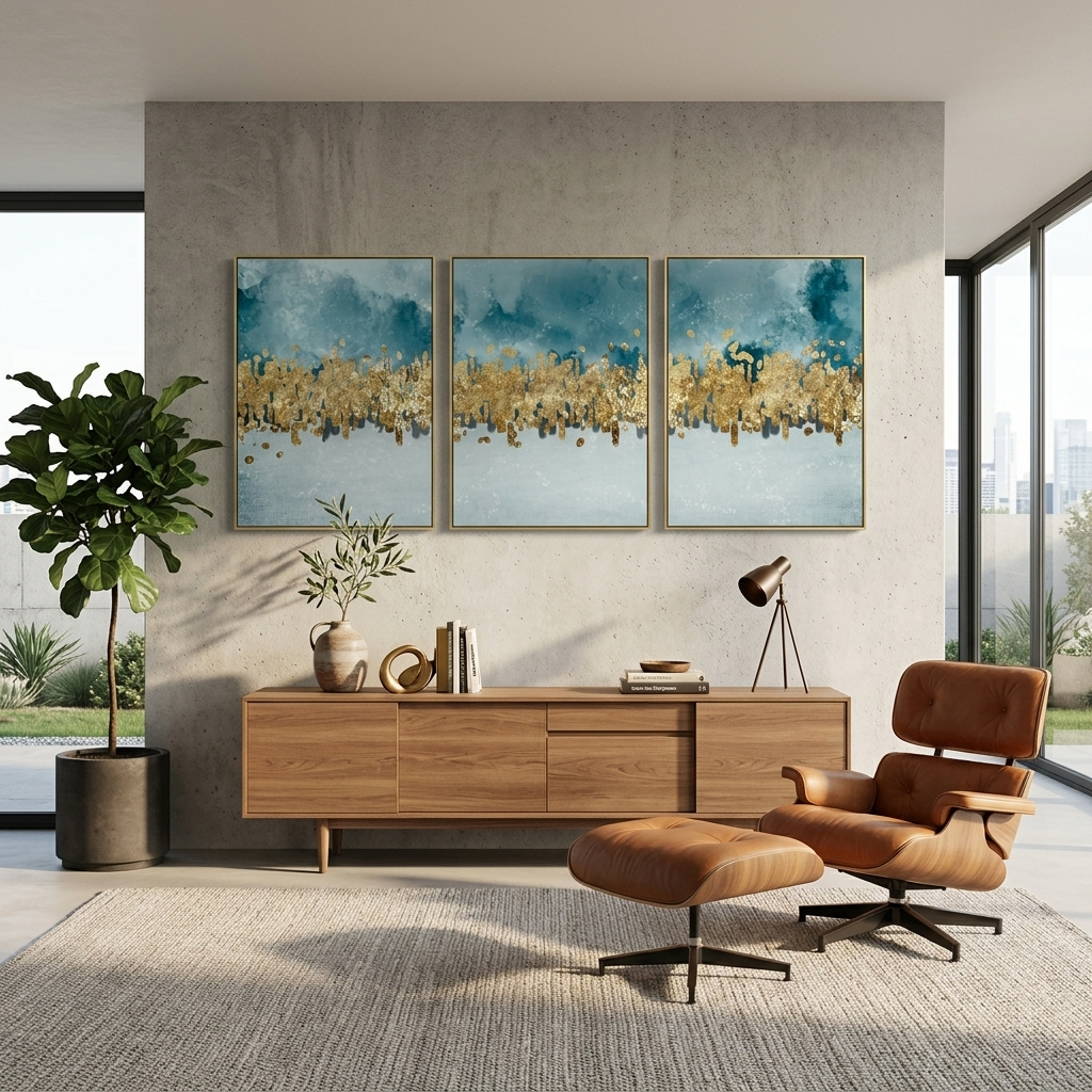 Modular blue-gray abstract with gold elements Multi Panel Canvas Wall Art Print
