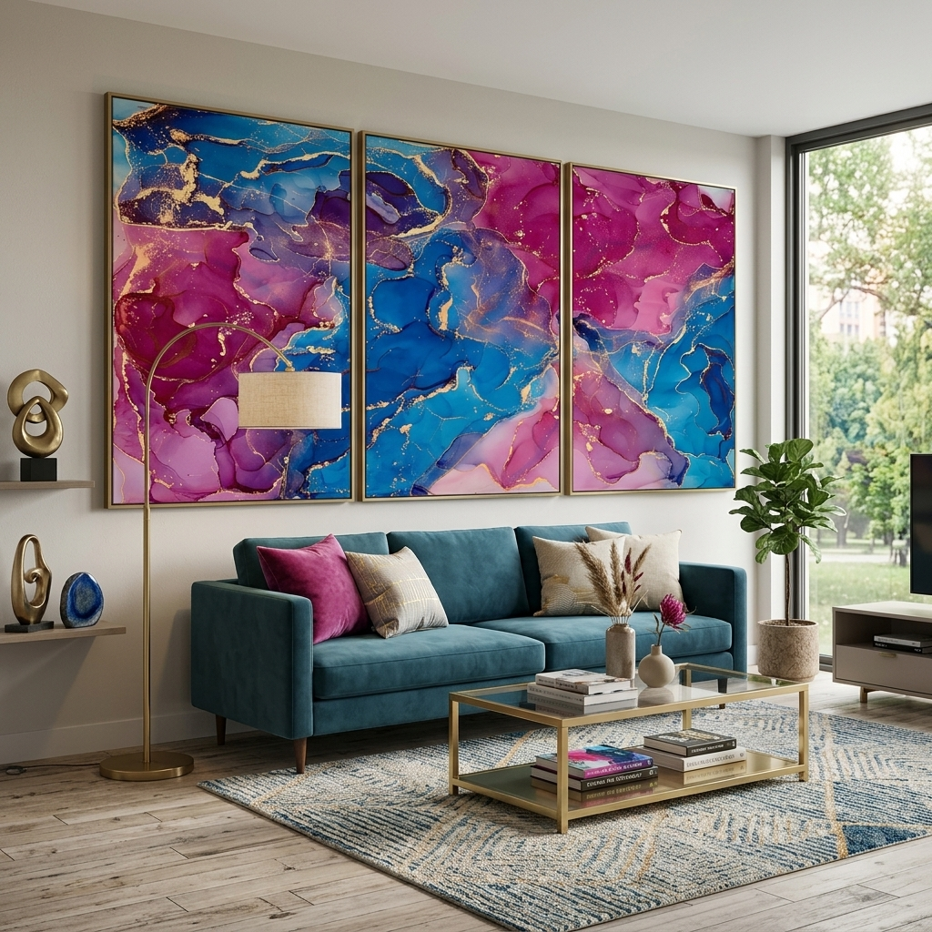 Modular abstraction in shades of pink and blue Multi Panel Canvas Wall Art Print