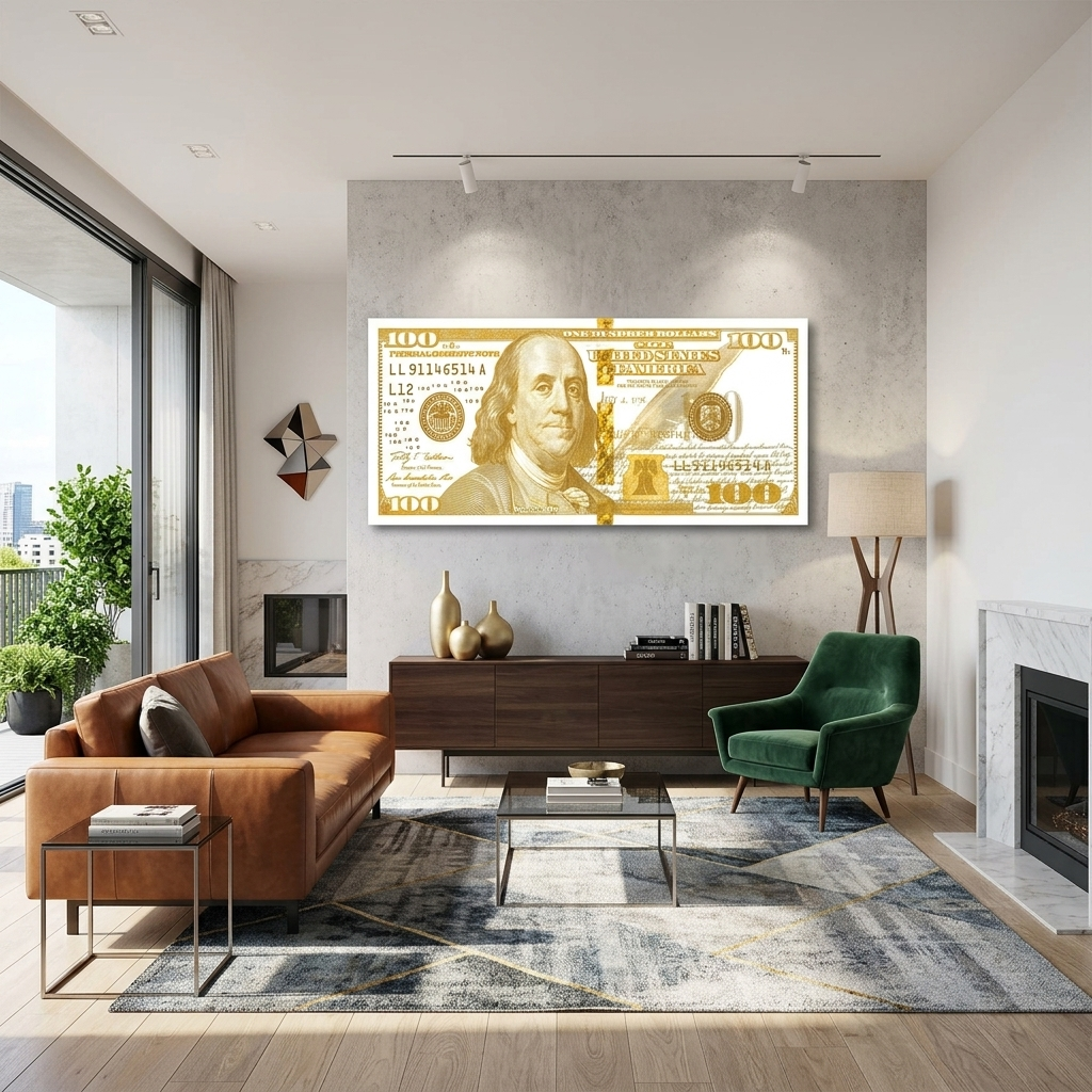 100 dollars white and gold Inspirational Canvas Wall Art Print