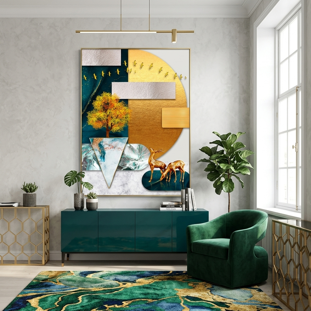 Geometric abstract two golden deer on the background of golden moon Abstraction Canvas Wall Art Print