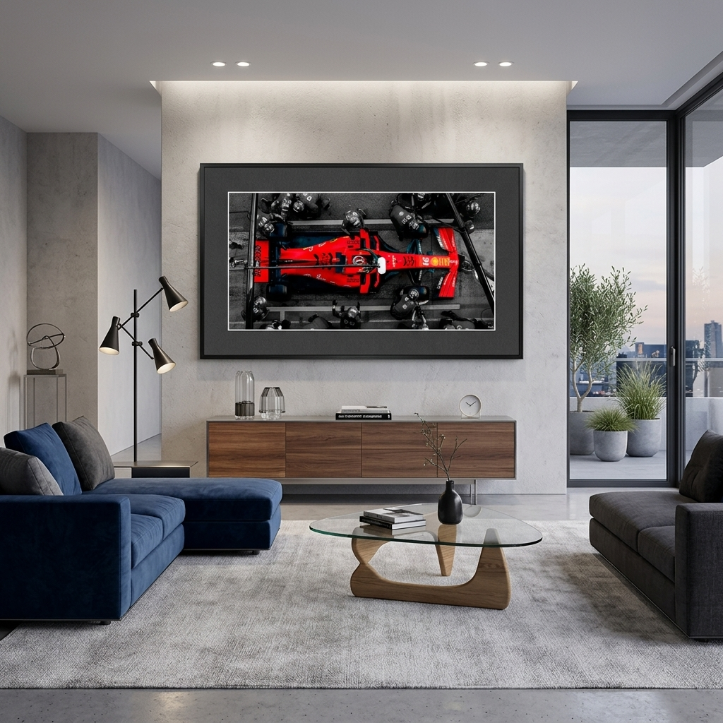 Formula 1 car with people in black suits Canvas Wall Art Print