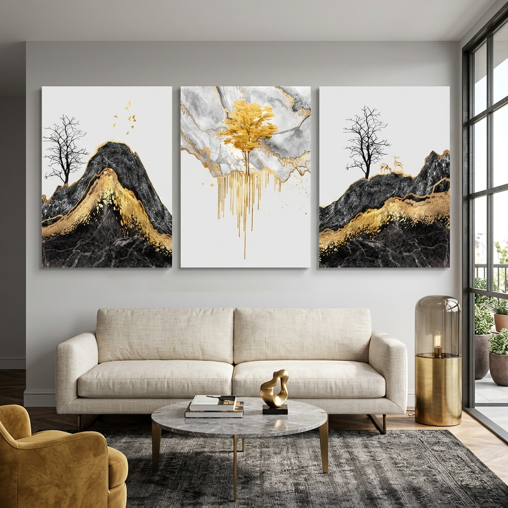 Modular abstract with a strong golden colorMulti Panel Canvas Wall Art Print