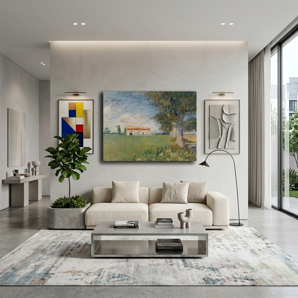 A farm in a wheat field Reproduction Canvas Wall Art Print