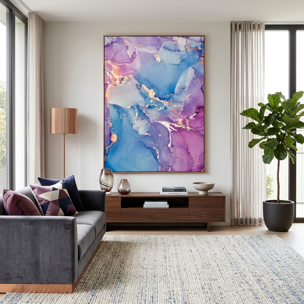 Gently purple abstract with blue color and gold lines Abstraction Canvas Wall Art Print