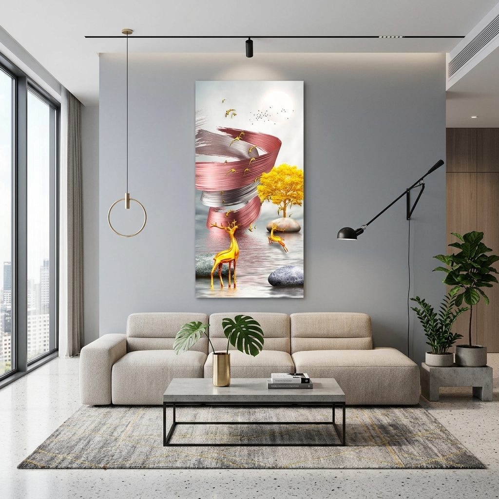 Two deer and a tree in the background of a pink and white tornado Abstraction Canvas Wall Art Print
