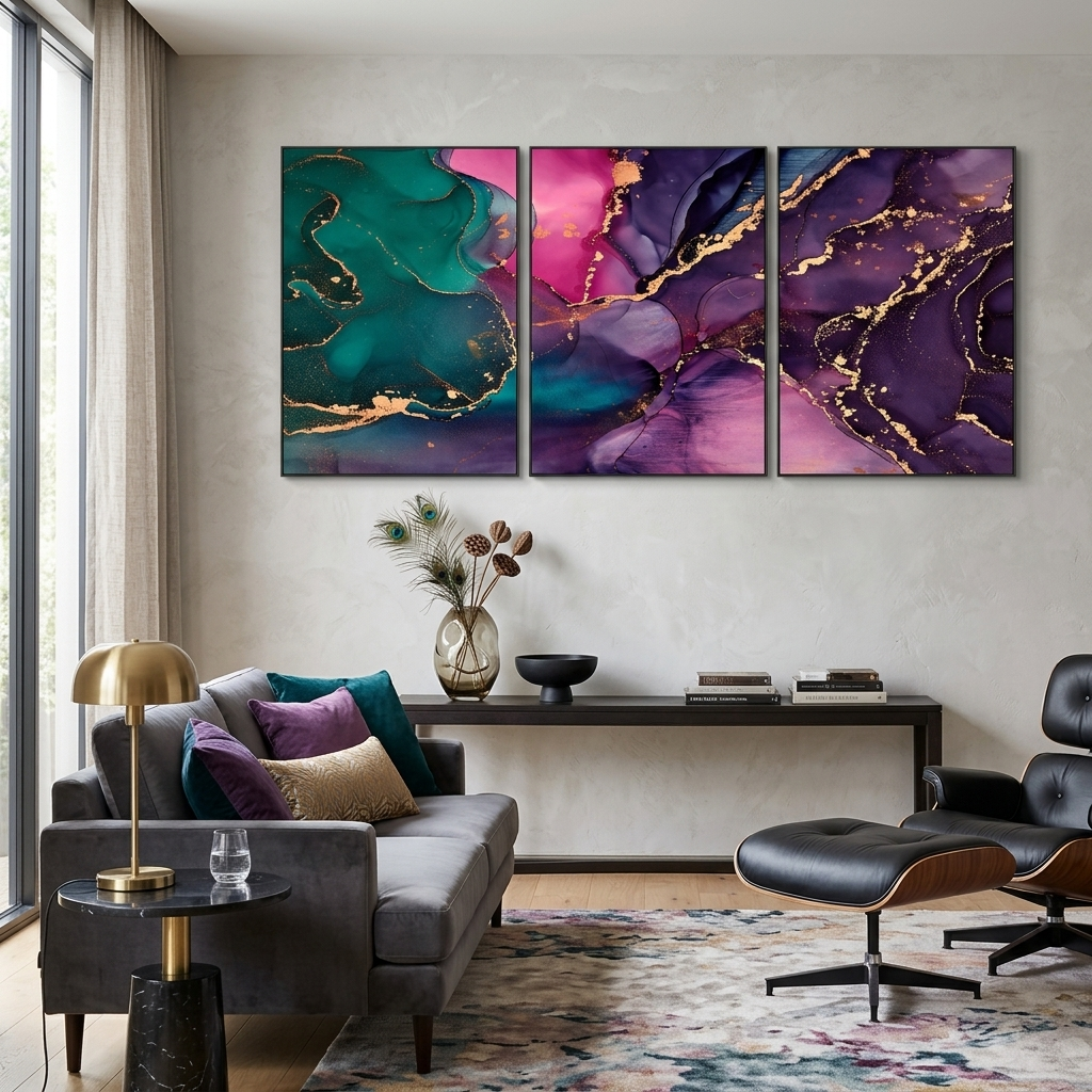 Modular purple and green abstract Multi Panel Canvas Wall Art Print