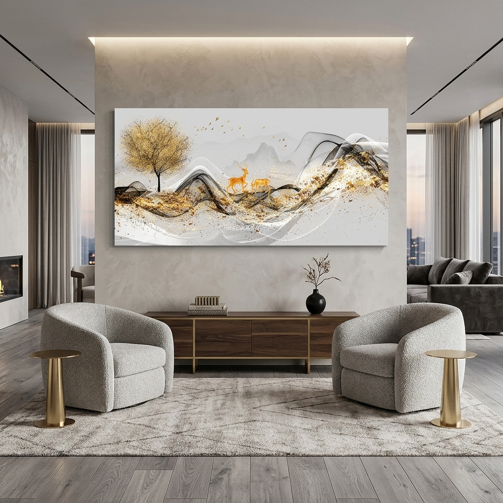 Two deer near a tree with a mountain in the background Abstraction Canvas Wall Art Print
