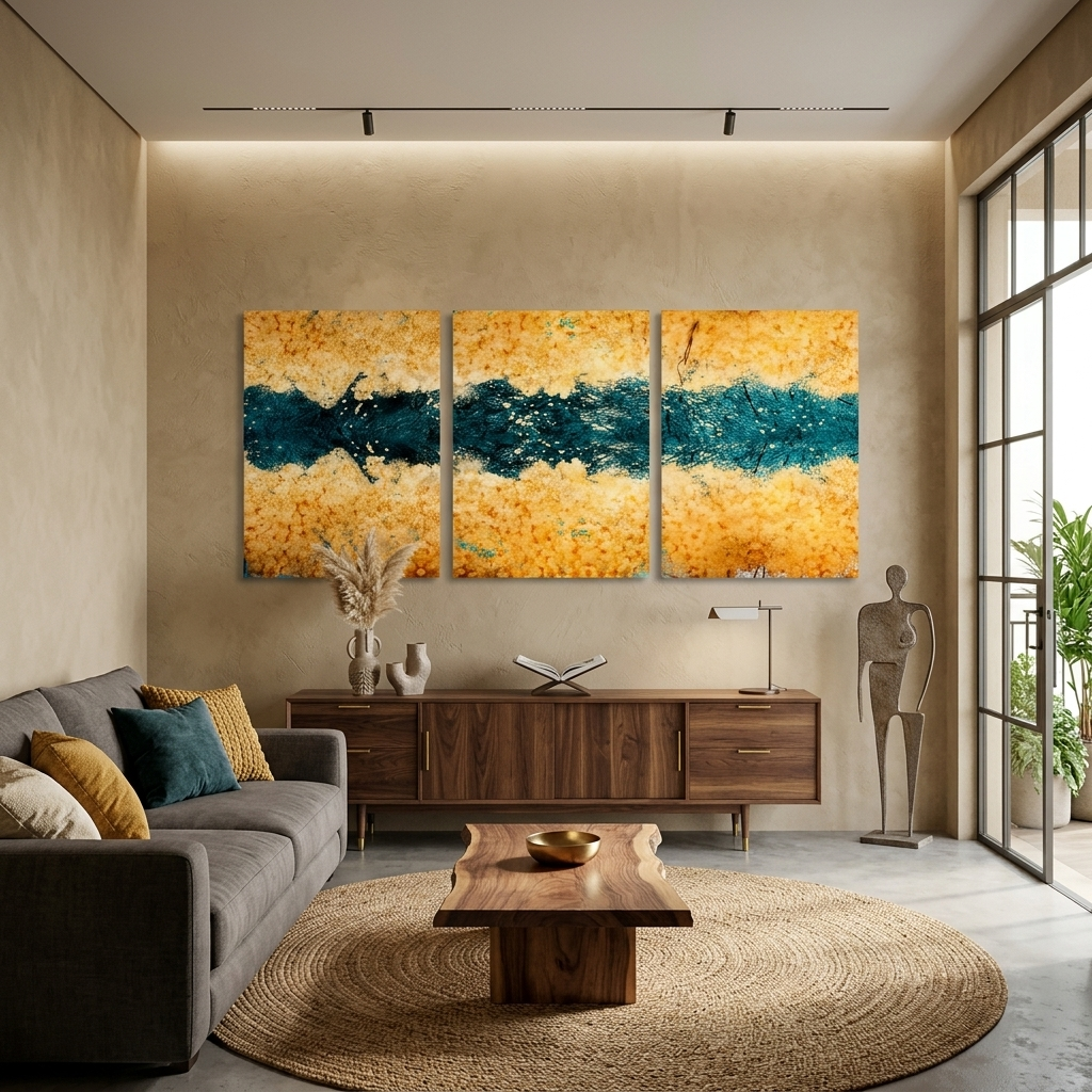 Modular gold abstract with dark green flowers Multi Panel Canvas Wall Art Print
