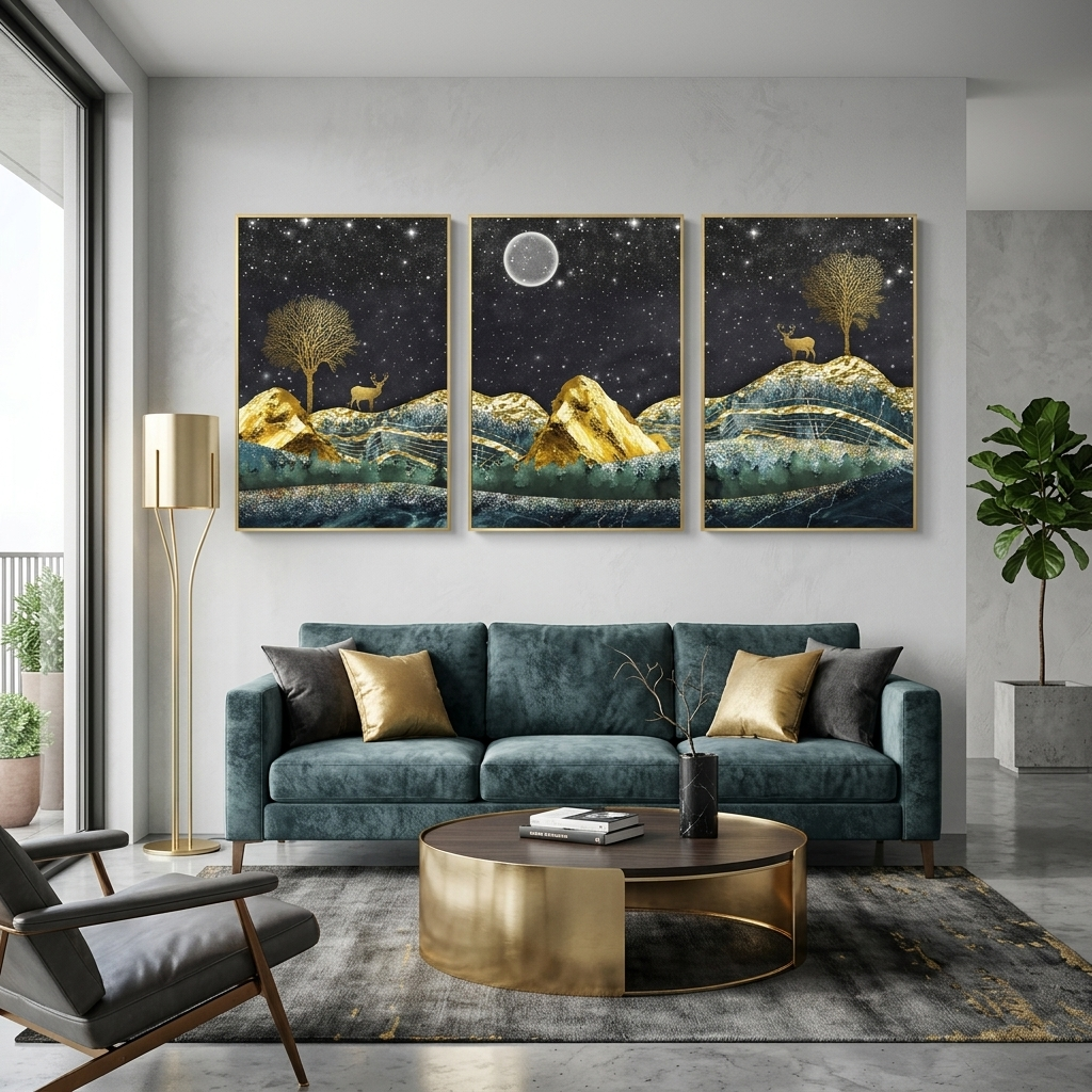 Multi Panel Canvas Wall Art Print Golden deer on the background of the starry sky