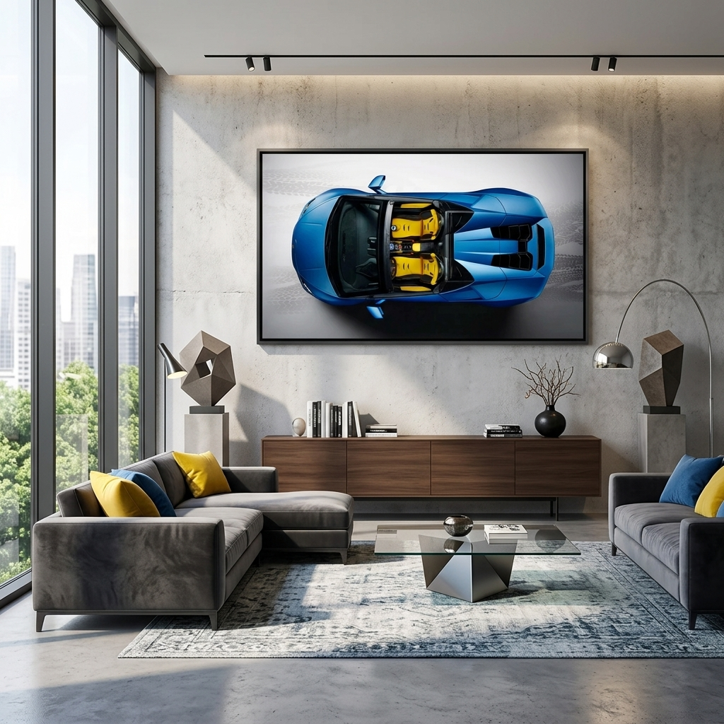 Car blue with yellow Lamborghini Canvas Wall Art Print