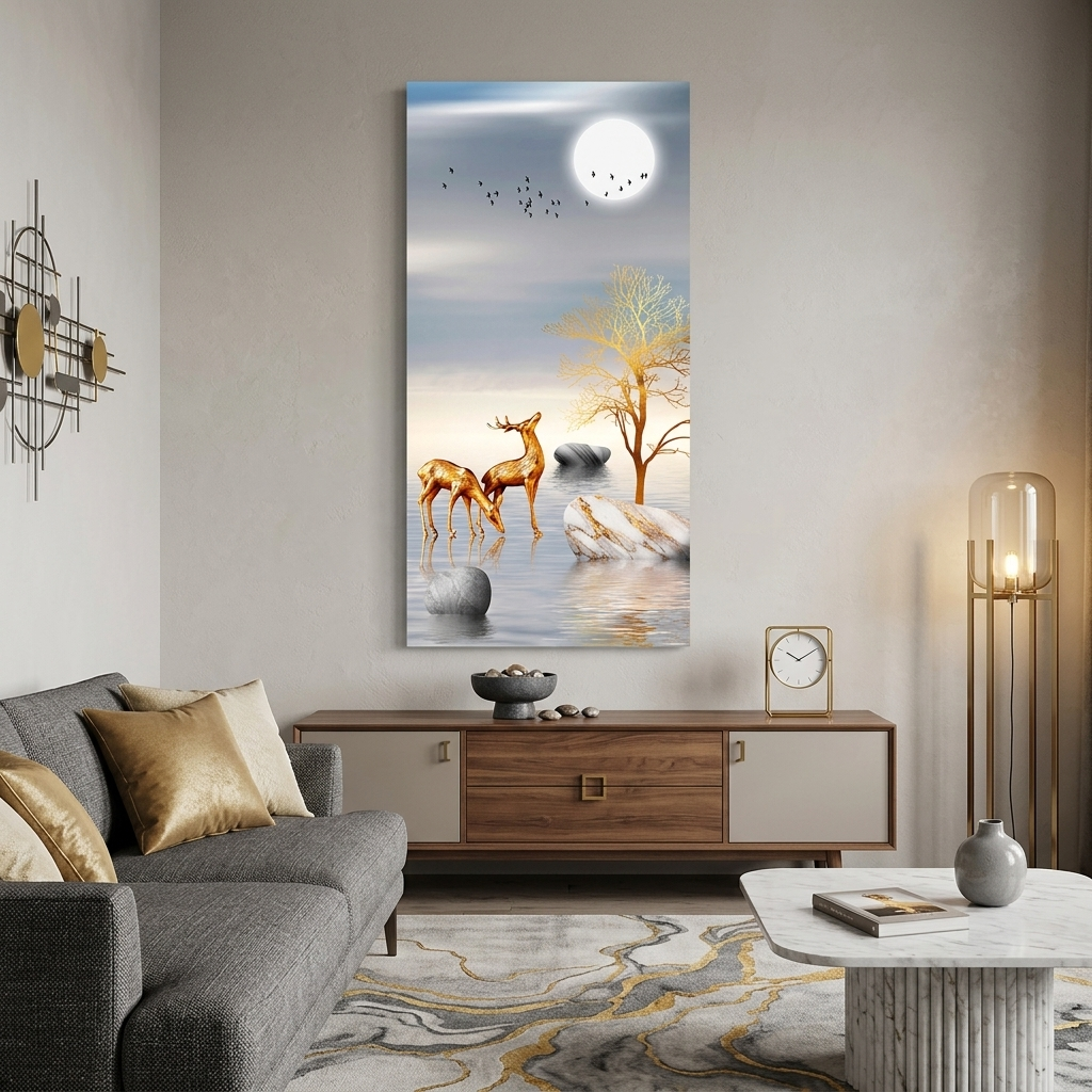 Three stones two deer two birds and the moon Abstraction Canvas Wall Art Print