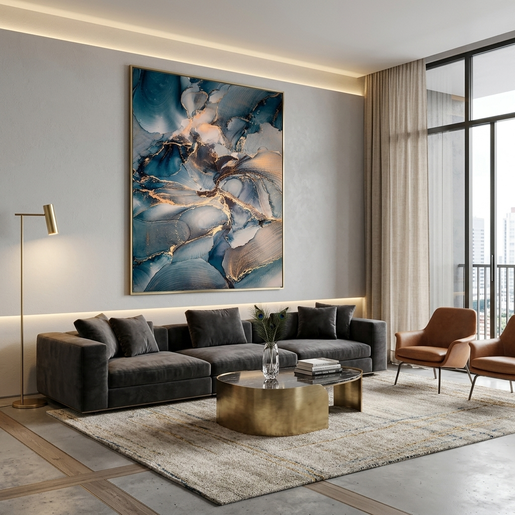 Dark blue tones with gold elements Abstraction Canvas Wall Art Print