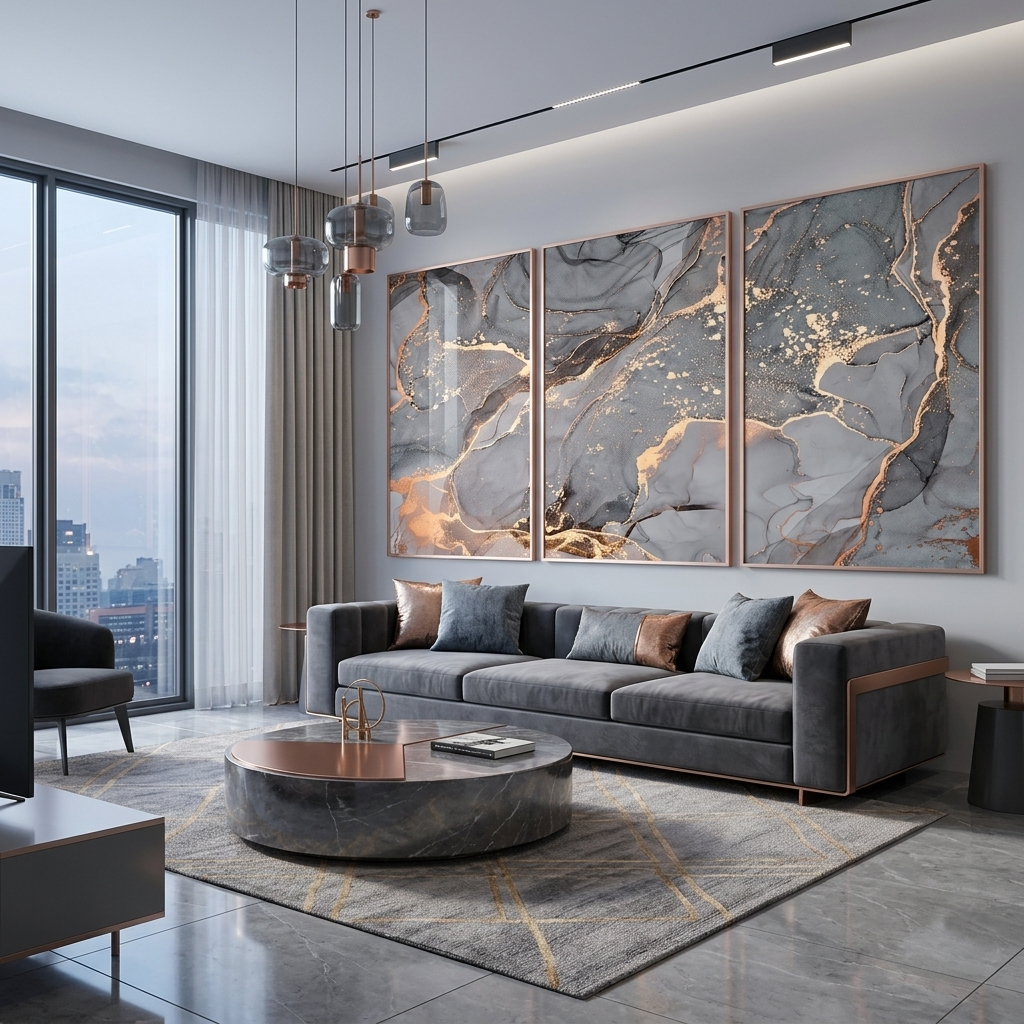 Modular gray-gold abstract Multi Panel Canvas Wall Art Print