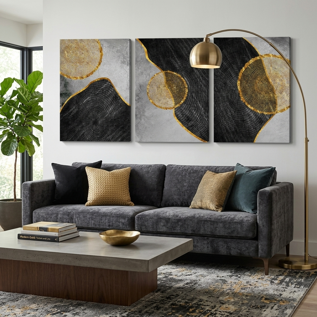 Modular geometric abstraction with golden border of figures Multi Panel Canvas Wall Art Print