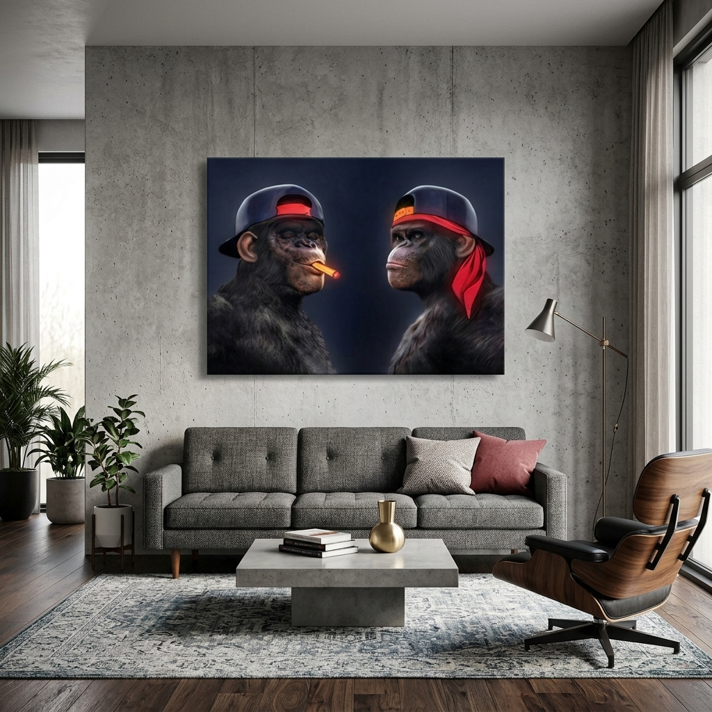 Two black gorillas with caps and one cigar Canvas Wall Art Print