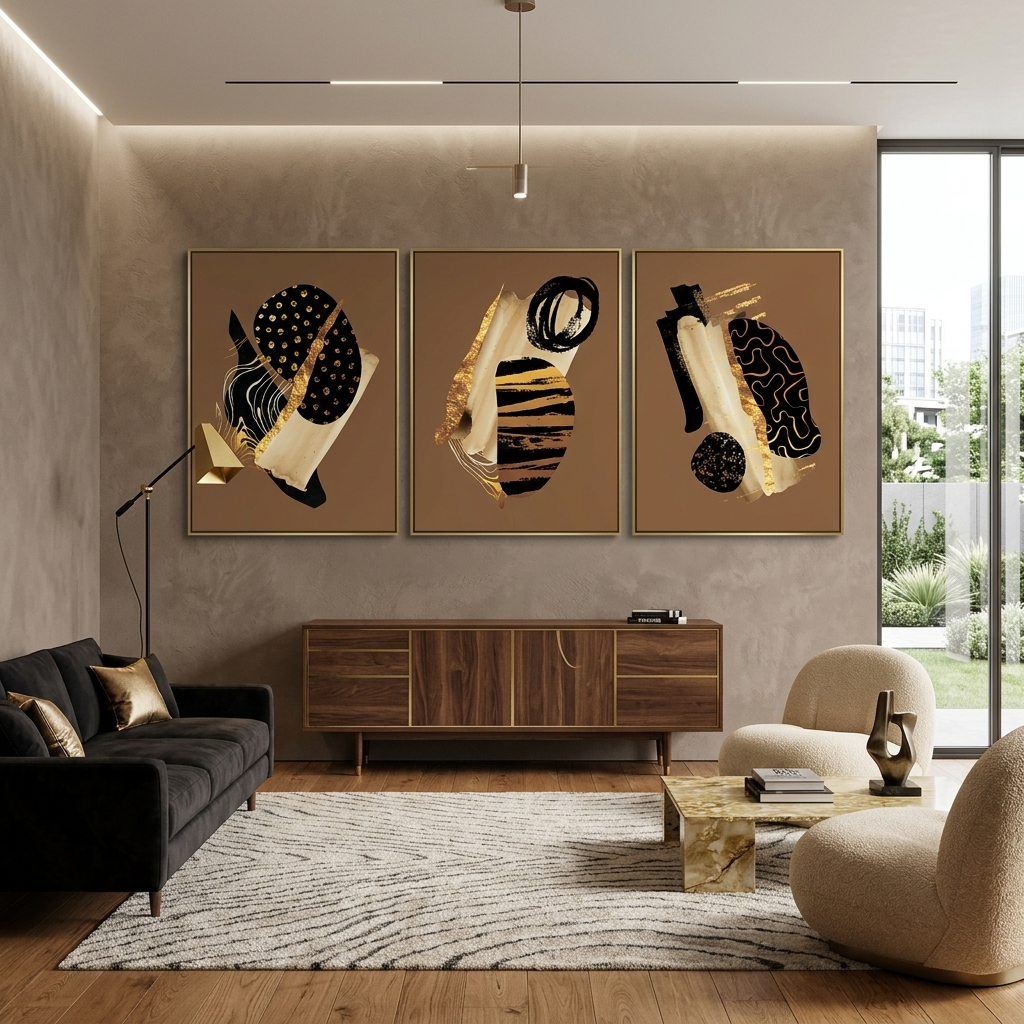 Modular abstract in gold black and beige colors Multi Panel Canvas Wall Art Print