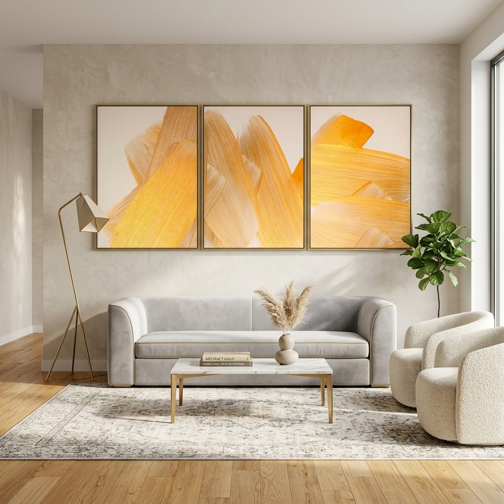 Modular gold strokes on a beige background Multi Panel Canvas Wall Art Print
