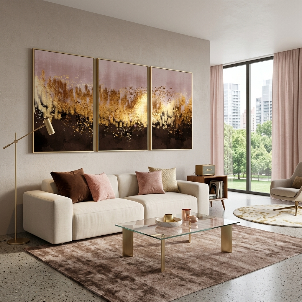 Modular powder brown abstract with gold elements Multi Panel Canvas Wall Art Print