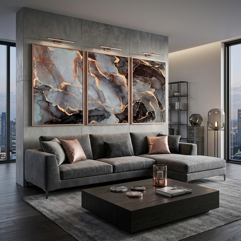 Modular gray-gold abstraction Multi Panel Canvas Wall Art Print