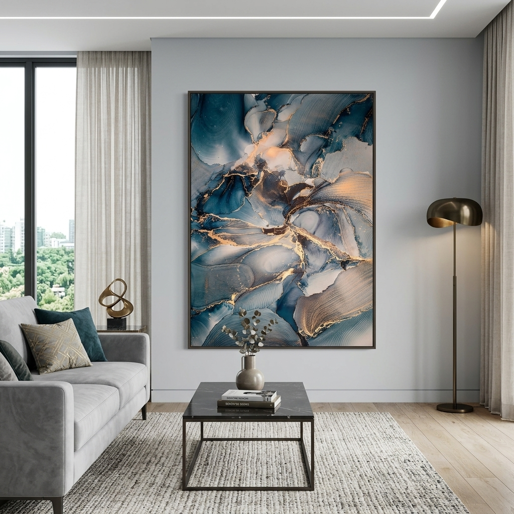 Dark blue tones with gold elements Abstraction Canvas Wall Art Print