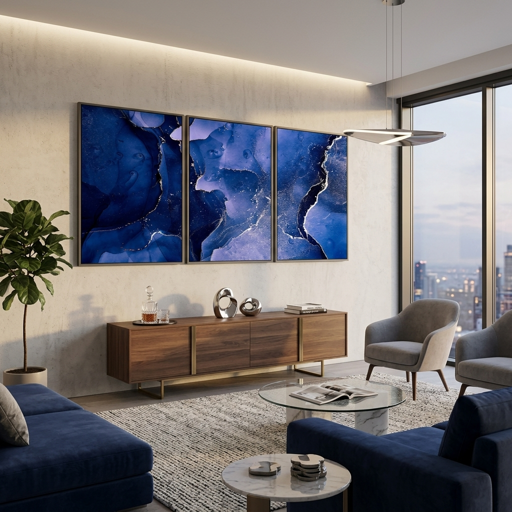 Modular navy-blue abstract Multi Panel Canvas Wall Art Print