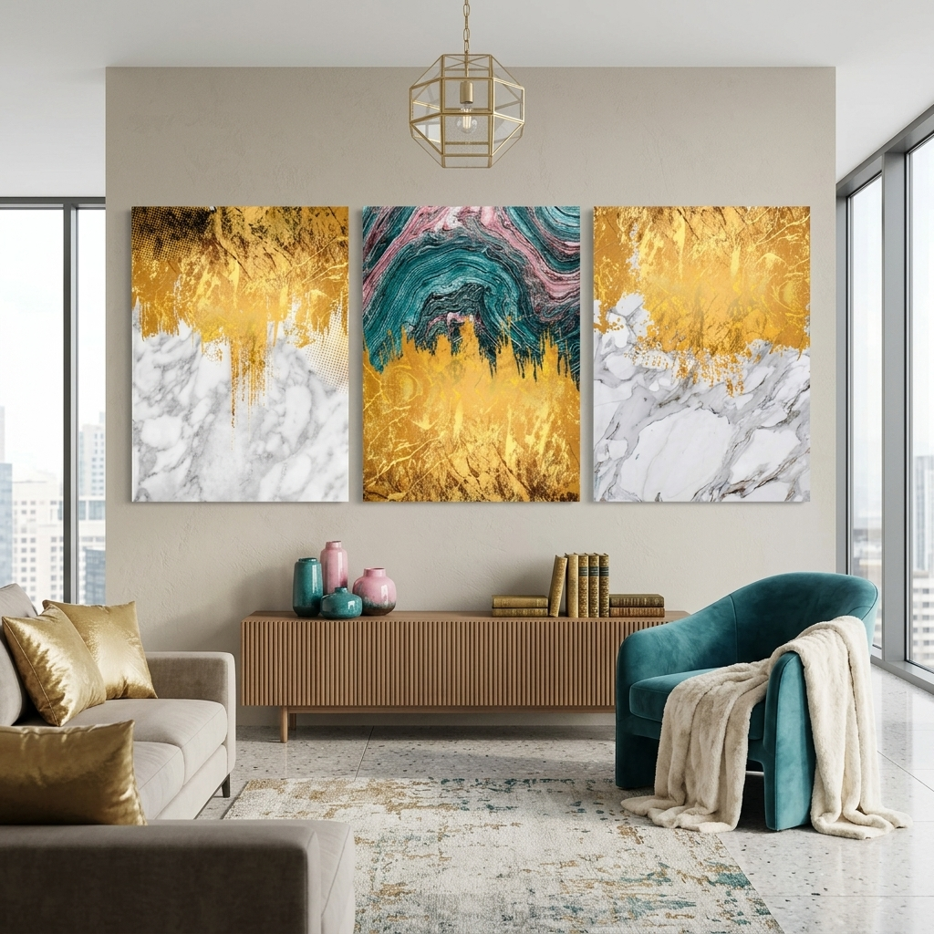 Modular abstract in white, gray and gold Multi Panel Canvas Wall Art Print