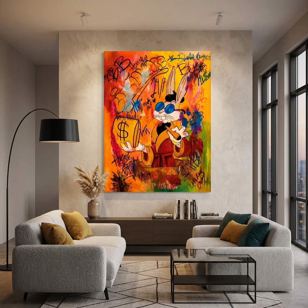 A rabbit with orange graffiti Canvas Wall Art Print