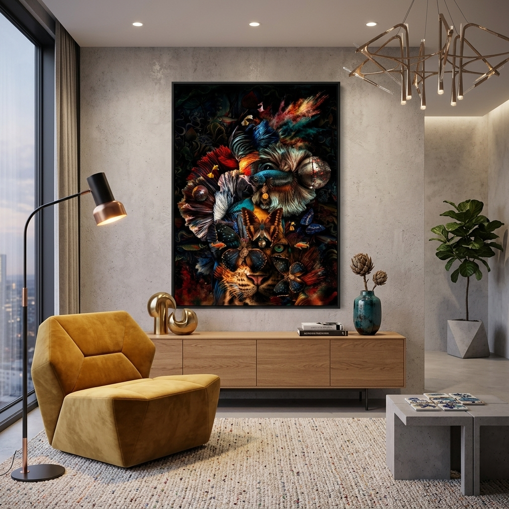 Interior Tigress, butterflies and fish Canvas Wall Art Print