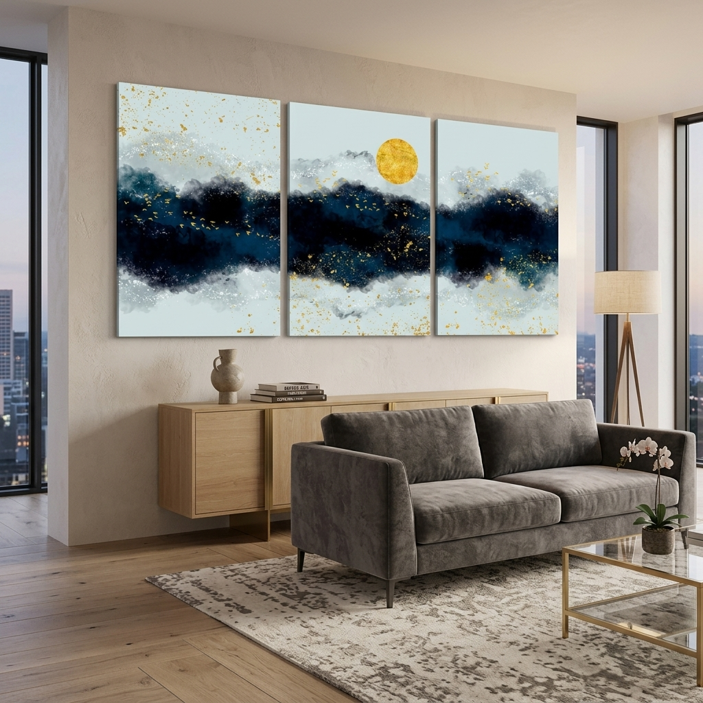 Modular three-piece gray-blue abstract Multi Panel Canvas Wall Art Print