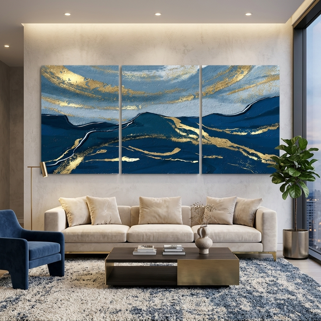 Modular deep blue-blue abstract Multi Panel Canvas Wall Art Print