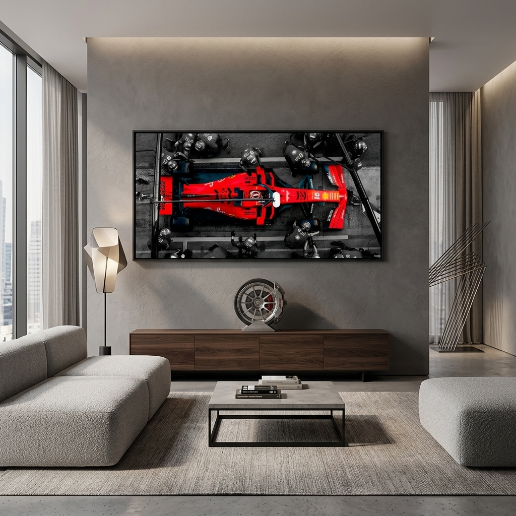Formula 1 car with people in black suits Canvas Wall Art Print