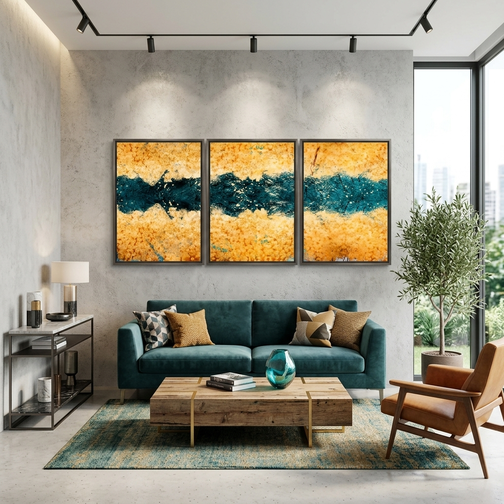 Modular gold abstract with dark green flowers Multi Panel Canvas Wall Art Print