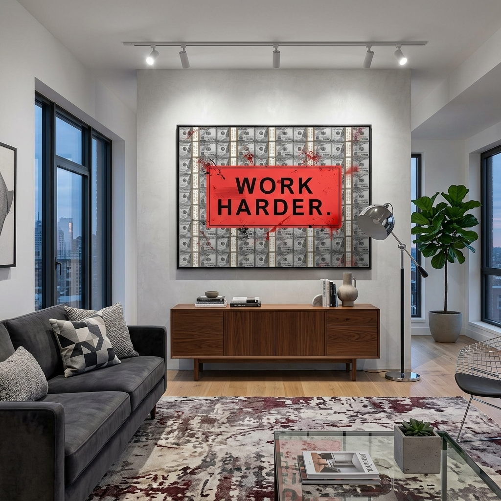 WORK HARDER against the backdrop of dollars.Motivational Canvas Wall Art Print