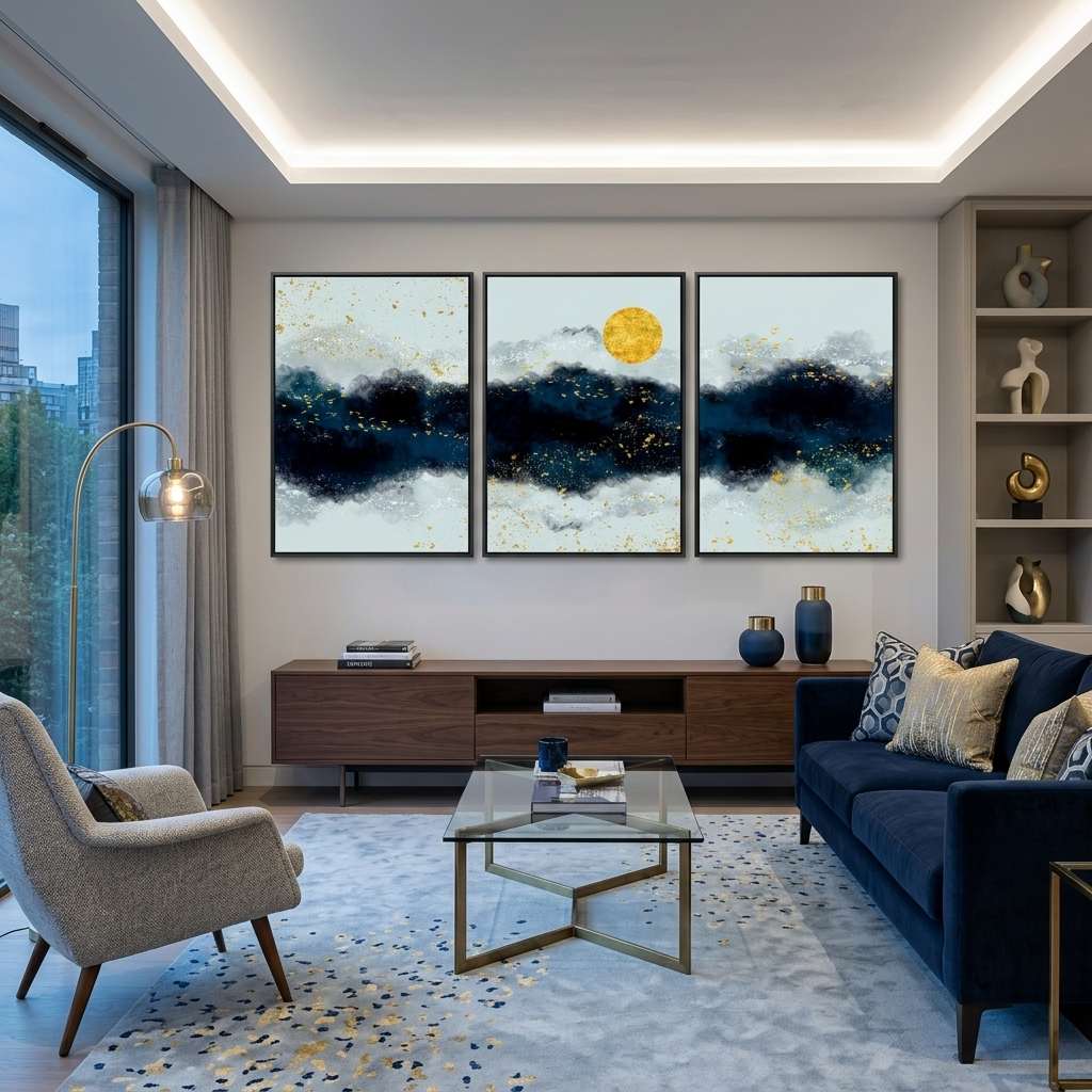 Modular three-piece gray-blue abstract Multi Panel Canvas Wall Art Print