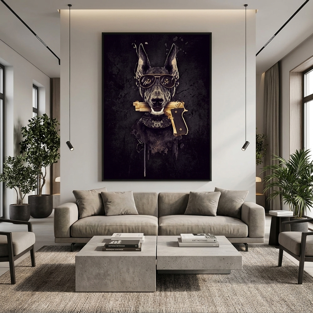 Doberman with a gun in his teeth. Canvas Wall Art Print