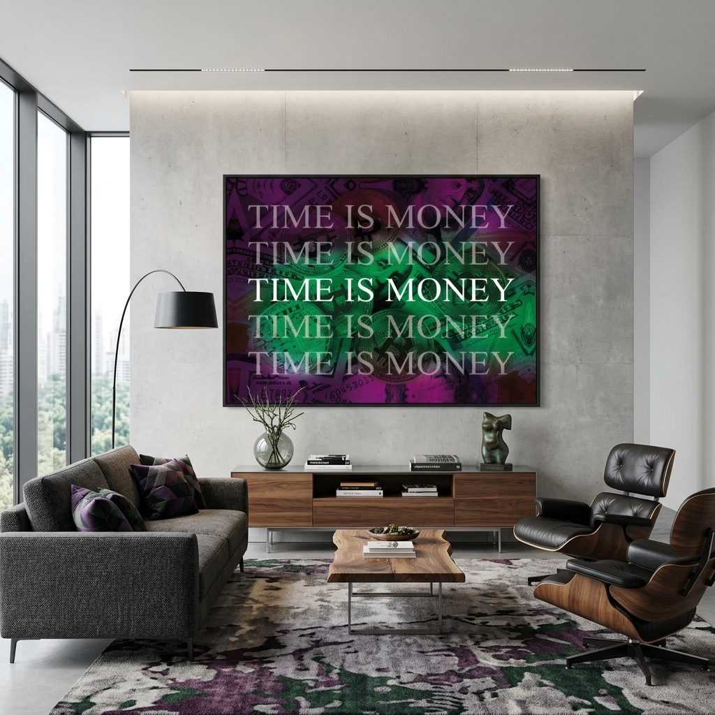 Dollars and bitcoin time is money on a purple background Inspirational Canvas Wall Art Print