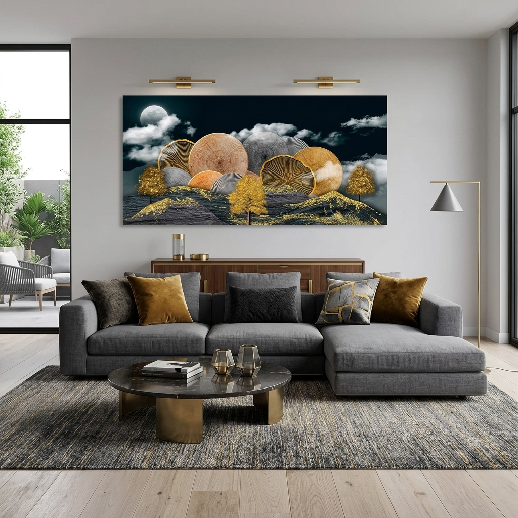 Mountain trees in gold and gray colors Abstraction Canvas Wall Art Print