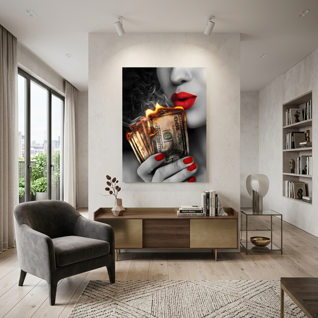 The woman with the burning dollars in her hand Inspirational Canvas Wall Art Print
